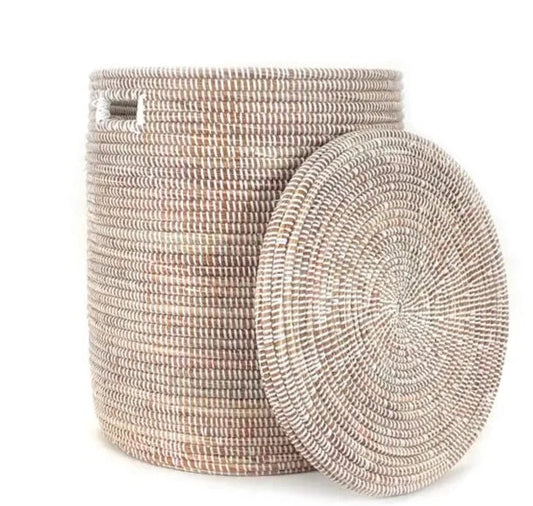 Senegalese Basket: Large Hamper Flat Lid- White